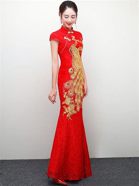 Red Sequined Phoenix Fishtail Qipao Cheongsam Wedding Dress Cozyladywear