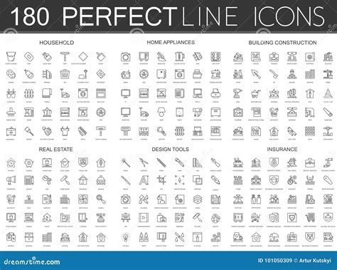 180 Modern Thin Line Icons Set Of Household Home Appliances Building Construction Real Estate