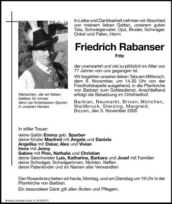 Traueranzeigen Von Friedrich Rabanser Trauer Bz