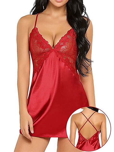 SpringTTC Women Sexy Faux Satin Lace Lingerie Dress Babydoll Sleepwear