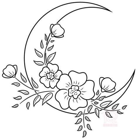 The Moon With Flowers And Leaves On It Is Outlined In Black And White