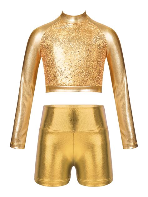 Iefiel Girls Metallic Sports Suit Long Sleeve Crop Top With Athletic