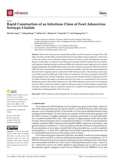 PDF Rapid Construction Of An Infectious Clone Of Fowl Adenovirus