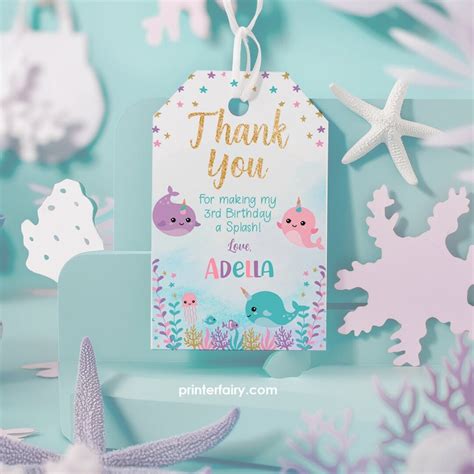 Narwhal Favor Tags Editable Narwhal Birthday Party Under The Sea