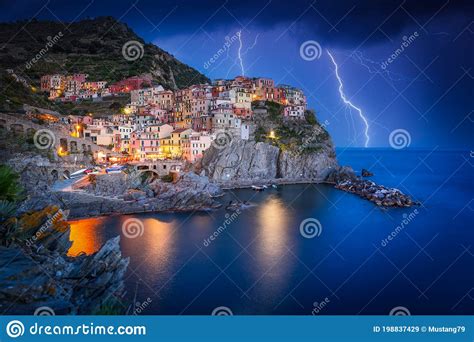 Manarola Town Traditional Fishing Village Houses On A Rock Over The