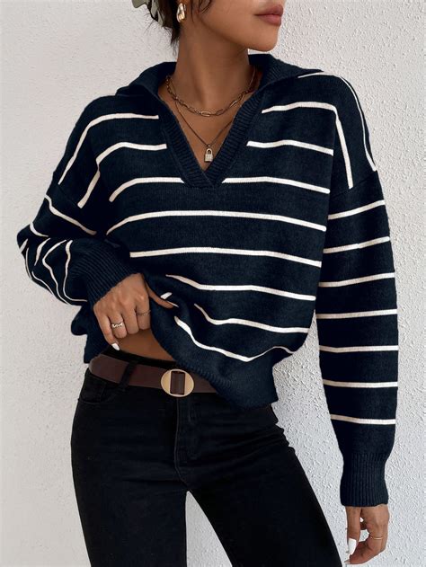 Navy Blue Casual Collar Long Sleeve Fabric Striped Pullovers