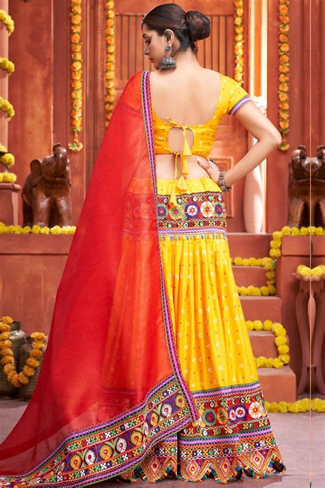 Buy Yellow Bandhej Printed Silk Cotton Embroidered Lehenga Choli Set For Navratri Online Like