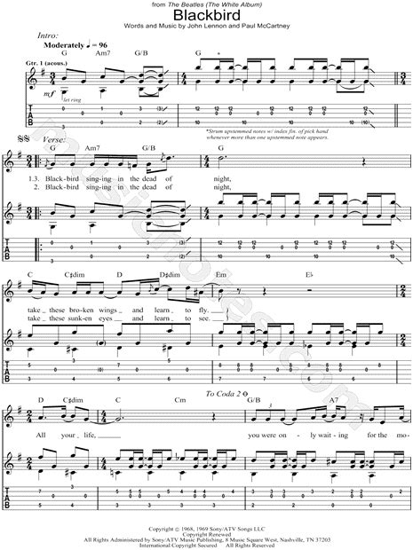 The Beatles Blackbird Guitar Tab In G Major Download And Print Sku