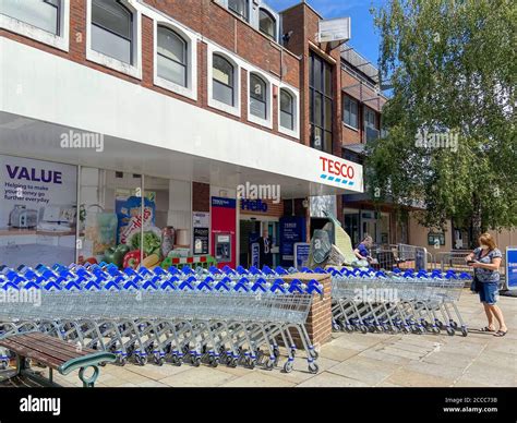 Tesco Supermarket Exterior During Covid Restrictions Egham Su Hi Res