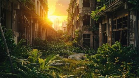 City After End Of World At Sunset Abandoned Buildings Overgrown With