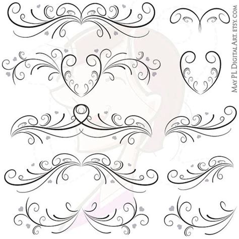 Digital Flourish Swirls Curly Borders With Heart Ornaments Beautiful