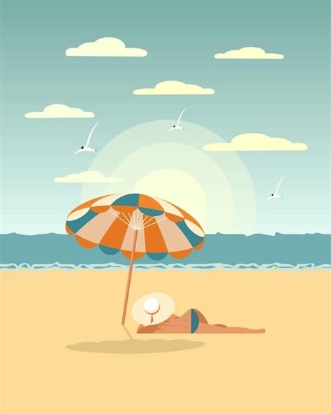 Premium Vector Seascape Young Woman In A Bikini Under An Umbrella On The Sea Beach Summer