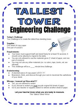 Paper Tallest Tower Stem Engineering Science Challenge Tpt