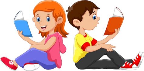 Boy And Girl Reading Book Premium Vector