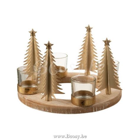 J Line T Lichthouder Kerst Rond Hout Metaal Beige Goud Ø24 Ø24 Jline by