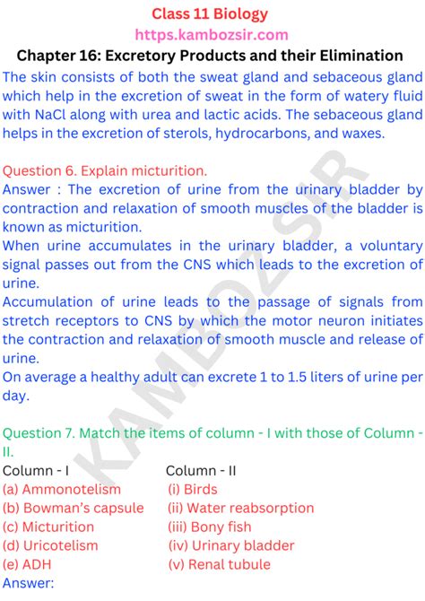 Class 11th Biology Chapter 16 Excretory Products And Their Elimination