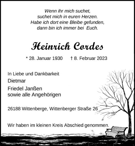 Traueranzeigen Von Heinrich Cordes Nordwest Trauer De