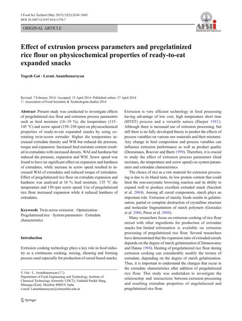 PDF Effect Of Extrusion Process Parameters And Pregelatinized Rice