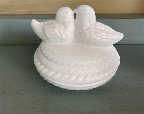 Westmoreland Vintage Covered Candy Dish Milk Glass Love Birds Doves On Lid Etsy