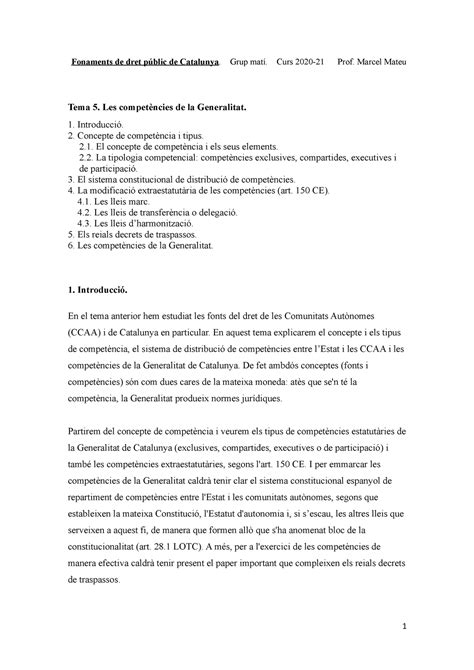 Tema Les Compet Ncies De La Generalitat De Catalunya Fonaments De