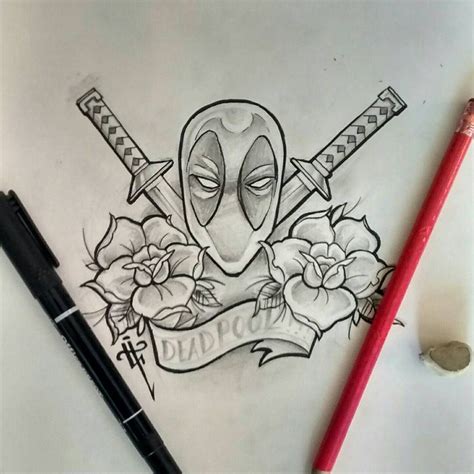 A Drawing Of A Deadpool With Roses And Two Crossed Swords On It Next To A Pencil