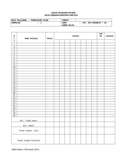 DOC Borang Kehadiran Pmr DOKUMEN TIPS