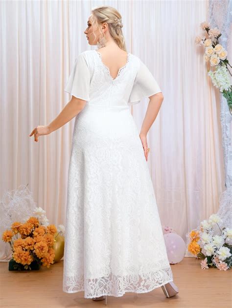 Shein Belle Plus Flutter Sleeve Lace Wedding Dress Shein Usa