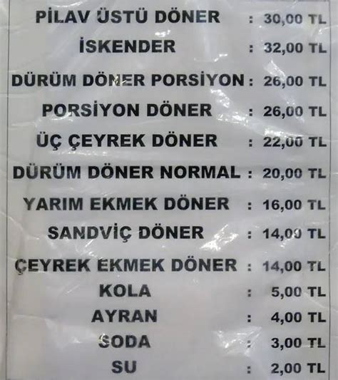 Carta de Karadeniz Döner Asım Usta Estambul