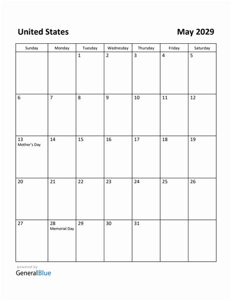 Free Printable May 2029 Calendar for United States