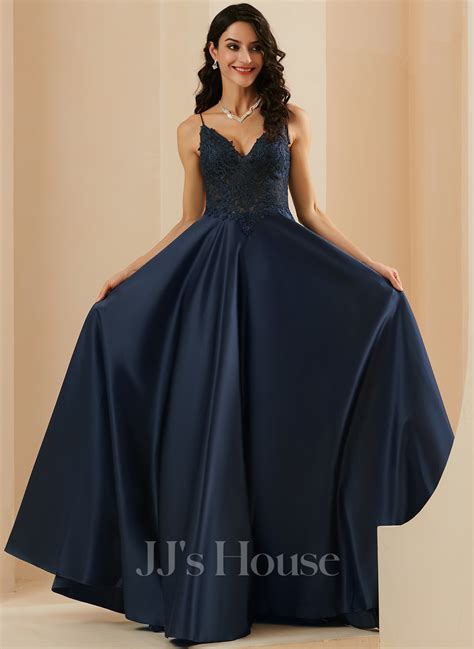 A Line V Neck Floor Length Satin Prom Dresses With Lace 018254966