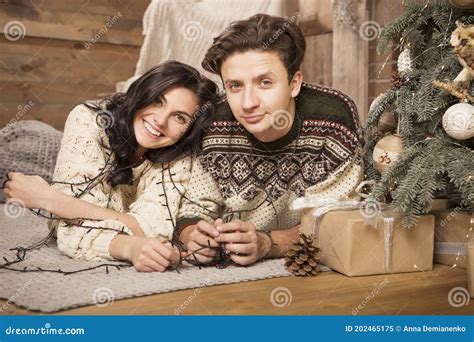 Beautiful Brunette Caucasian Romantic Loving Couple In Cozy Warm