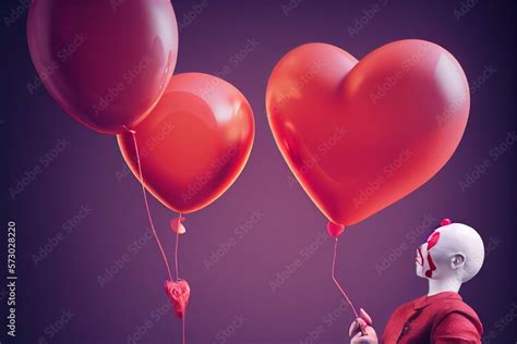 Creepy Valentines Day Clown With A Red Balloon Horror Dark Background