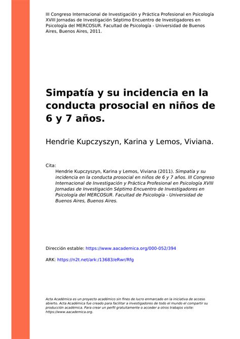 Pdf Simpatía Y Su Incidencia En La Conducta Prosocial En Niños De 6 Y 7 Años