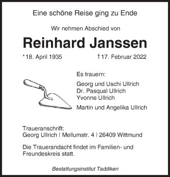 Traueranzeigen Von Reinhard Janssen Nordwest Trauer De