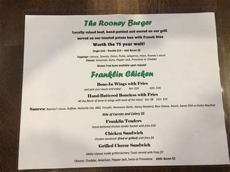 Menu at Rooney's pub & bar, Franklin Grove