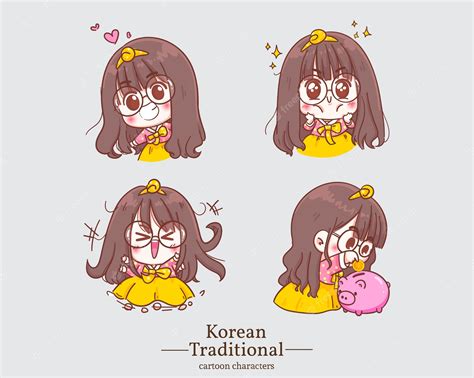 Premium Vector Korean Characters Of Happy Cute Girls In Traditional