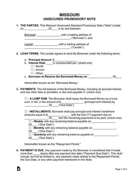 Free Missouri Unsecured Promissory Note Template Word Pdf Eforms