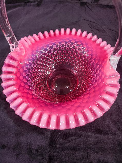 Vintage Fenton Cranberry Opalescent Hobnail Glass Basket With Clear Glass Handle Etsy