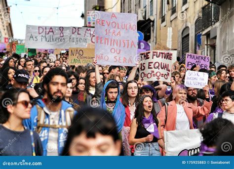 People Showing Feminist Banners And Protest Placards For International Women S Day Editorial