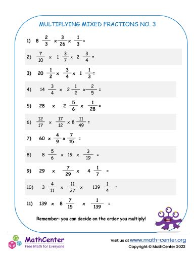 Multiplying Mixed Fractions No3 Worksheets Math Center Worksheets Library