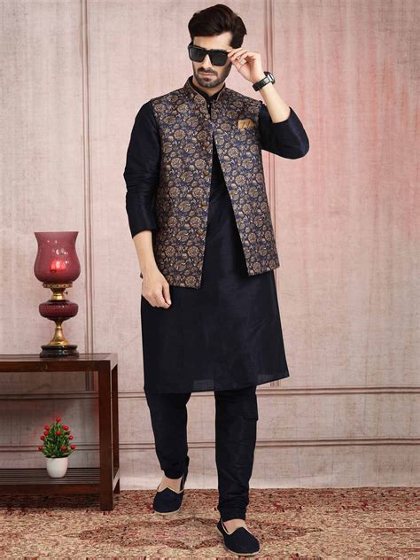 Blue Colour Designer Kurta Pajama Jacket In Banarasi Silk Fabric