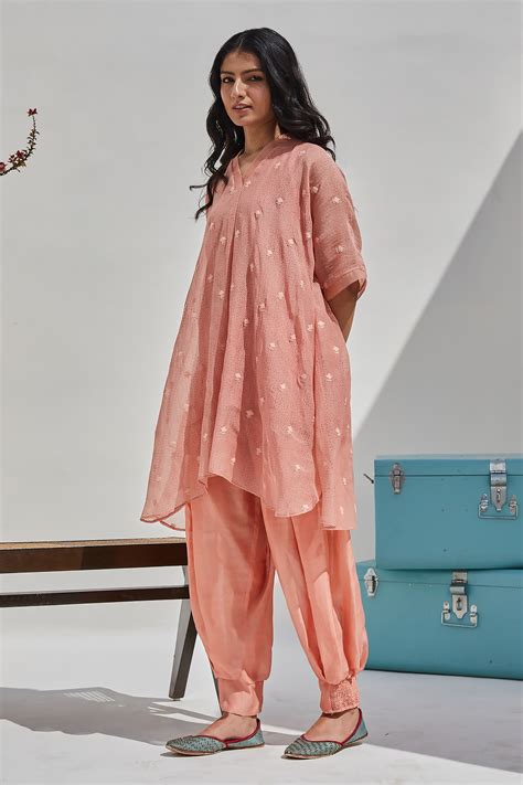 Buy Peach Chanderi Embroidered Dori Work V Neck Kaftan And Tapered Pant