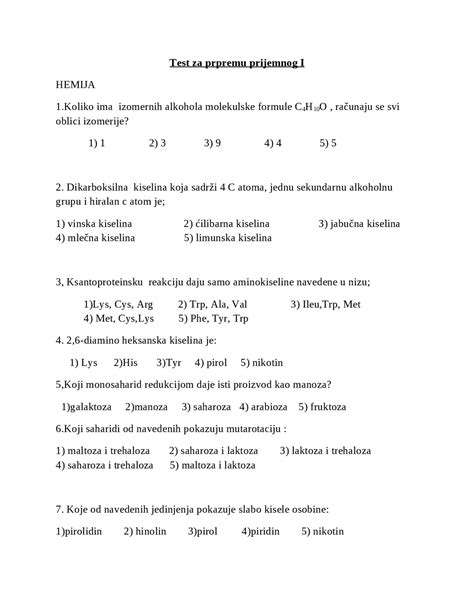 Hemija I Biologija Test Za Pripremu Prijemnog Za Medicinski Fakultet