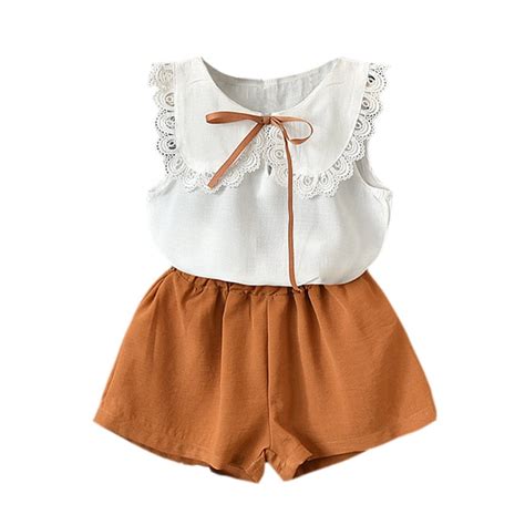 Fashion Girls Clothes Sets Summer Sleeveless Lace Bow Topscasual