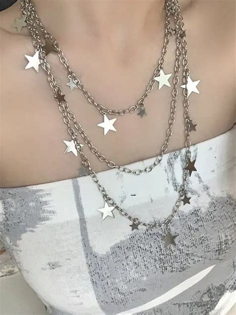 Emmiol Free Shipping Multi Layered Star Chain Necklace Silver One