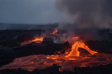 Volcanic Eruption with Massive Lava Flow, Creating New Landscape Stock Illustration ...