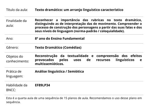 Plano De Aula Ano Texto Dram Tico Um Arranjo Lingu Stico