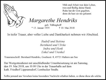 Traueranzeigen Von Margarethe Hendriks Sich Erinnern De