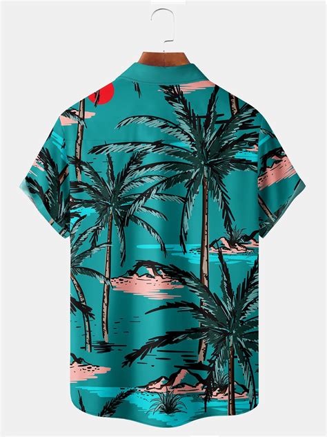 Royaura Beach Vacation Green Mens Hawaiian Shirts Coconut Tree Art