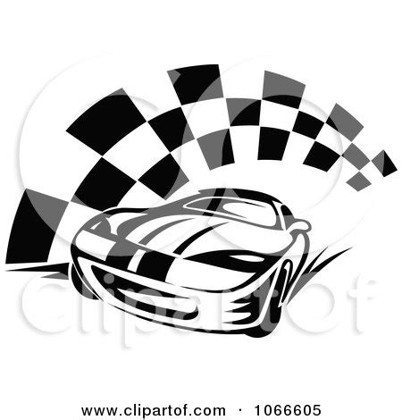 Clipart Black And White Race Car And Checkered Flag 2 Royalty Free